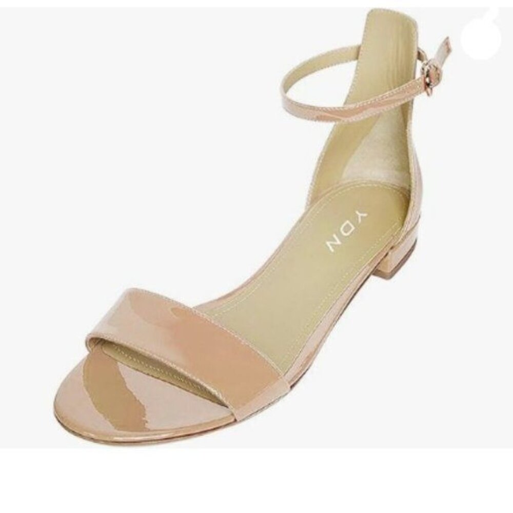 YDN Nude Block Low Heel Sandals Open Toe Ankle Strap Patent Comfortable Shoes